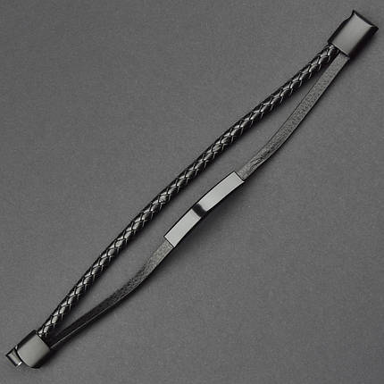 Мужской браслет черный эко кожа с черной вставкой коса Stainless Steel длина 21 см ширина 12 мм, фото 1