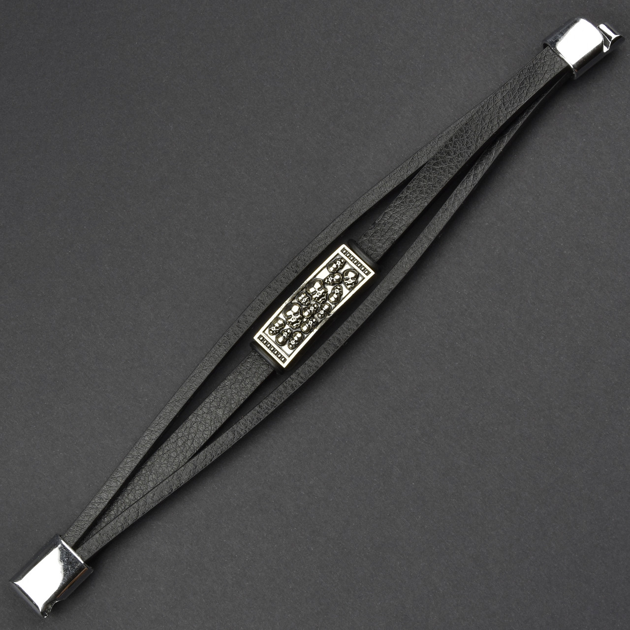 Чоловічий браслет чорний екошкіра зі сріблястою вставкою черепа Stainless Steel довжина 21 см ширина 20 мм