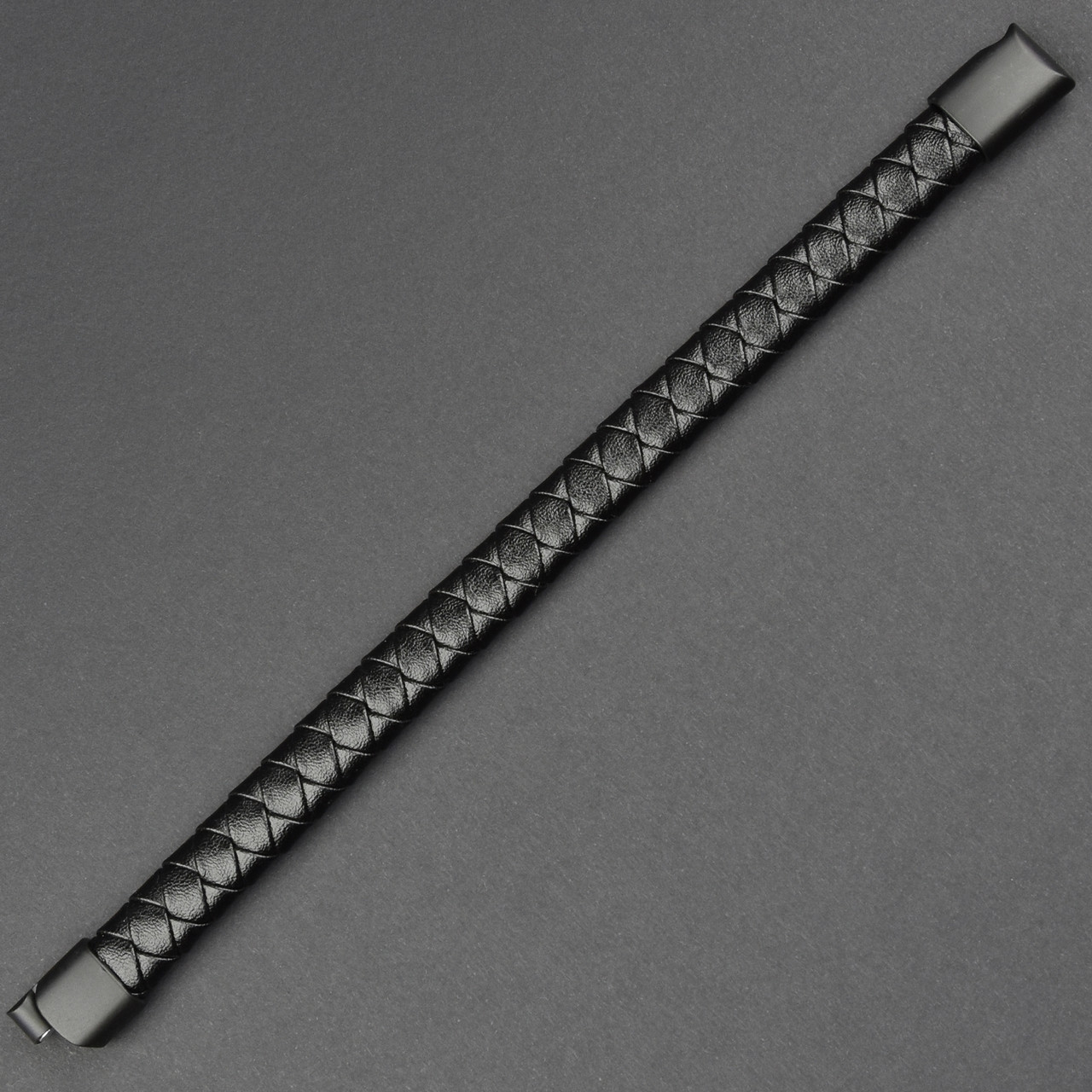 Чоловічий браслет чорний екошкіра плетений замочок чорного кольору Stainless Steel довжина 21 см ширина 12 мм