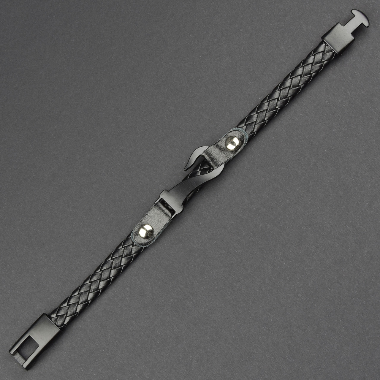 Чоловічий браслет чорний екошкіра плетений із чорним гаком Stainless Steel довжина 21 см ширина 12 мм