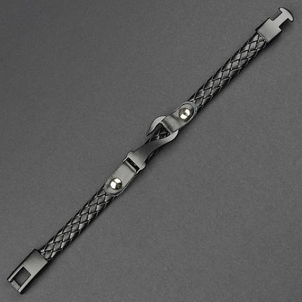 Чоловічий браслет чорний екошкіра плетений із чорним гаком Stainless Steel довжина 21 см ширина 12 мм, фото 1