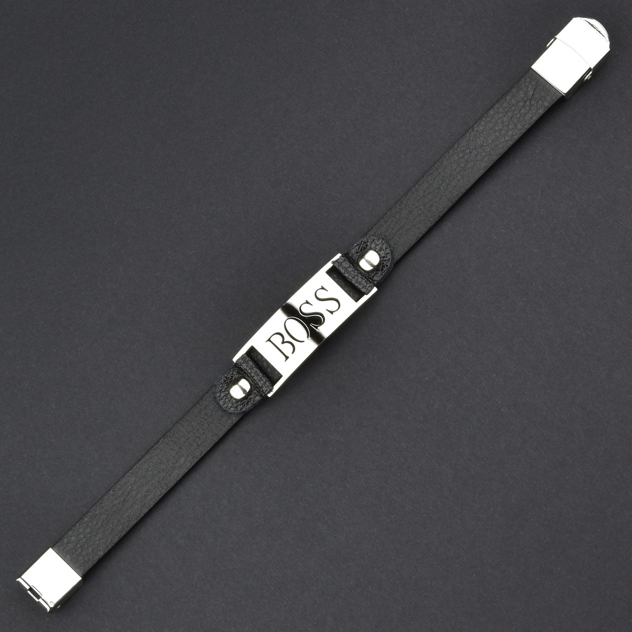 Чоловічий браслет чорний екошкіра зі сріблястою вставкою брендова Stainless Steel довжина 21 см ширина 12 мм