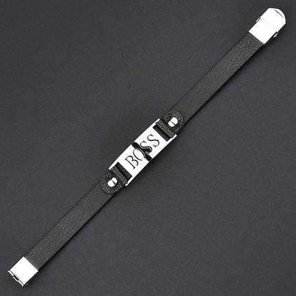 Чоловічий браслет чорний екошкіра зі сріблястою вставкою брендова Stainless Steel довжина 21 см ширина 12 мм, фото 1