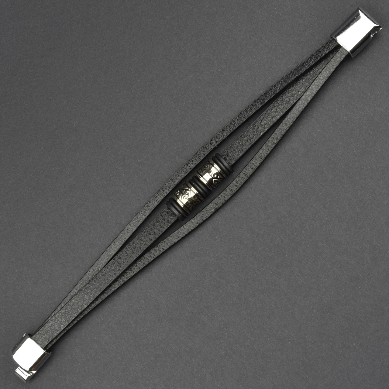 Чоловічий браслет чорний екорежим зі сріблястими вставками з візерунками Stainless Steel довжина 21 см ширина 20 мм