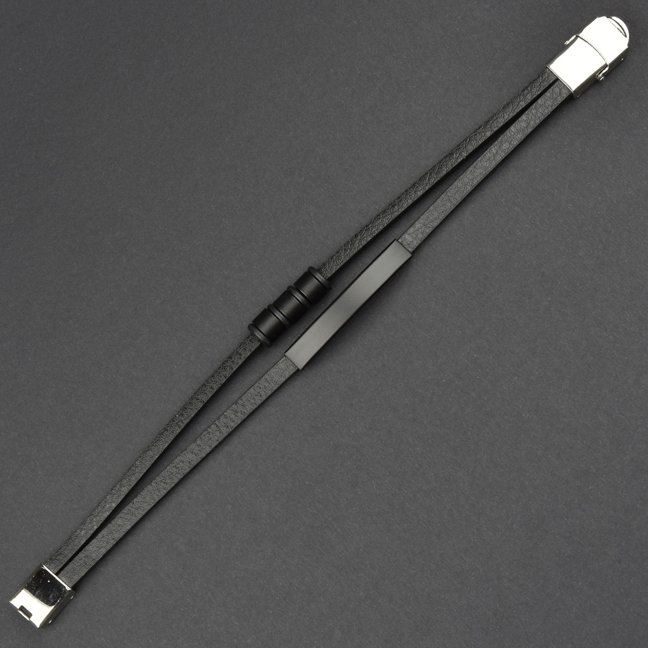 Чоловічий браслет чорний екошкіра з чорними елементами Stainless Steel довжина 21 см ширина 12 мм