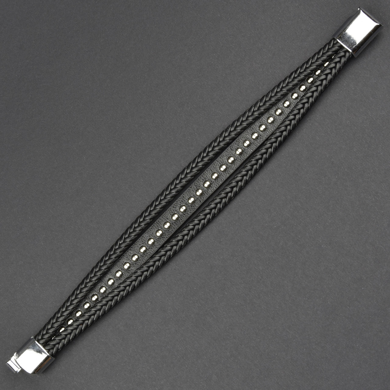 Чоловічий браслет чорний екошкіра плетений зі сріблястими елементами Stainless Steel довжина 21 см ширина 15 мм