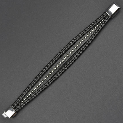 Чоловічий браслет чорний екошкіра плетений зі сріблястими елементами Stainless Steel довжина 21 см ширина 15 мм, фото 1
