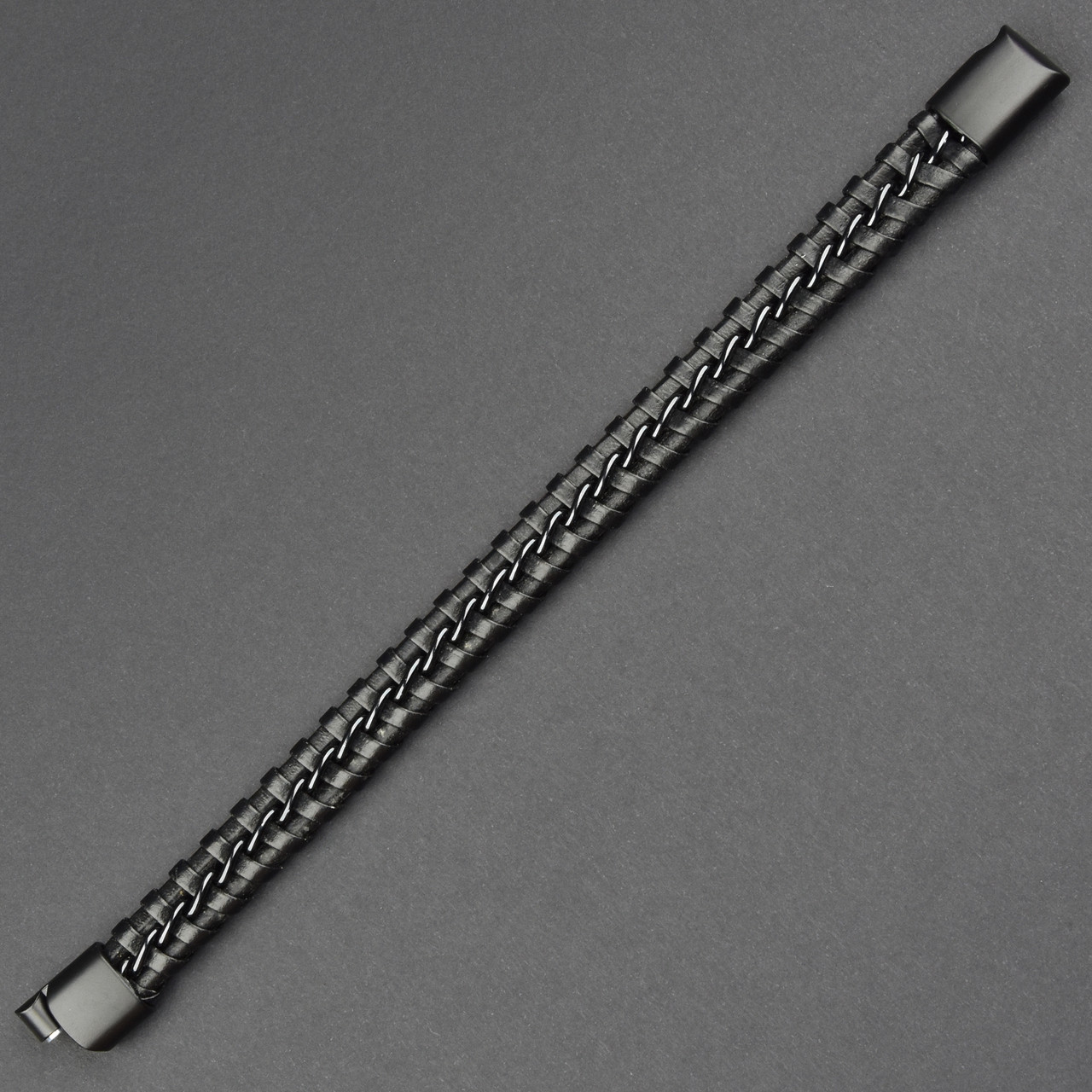 Чоловічий браслет чорний екошкіра плетений із чорними елементами Stainless Steel довжина 21 см ширина 12 мм
