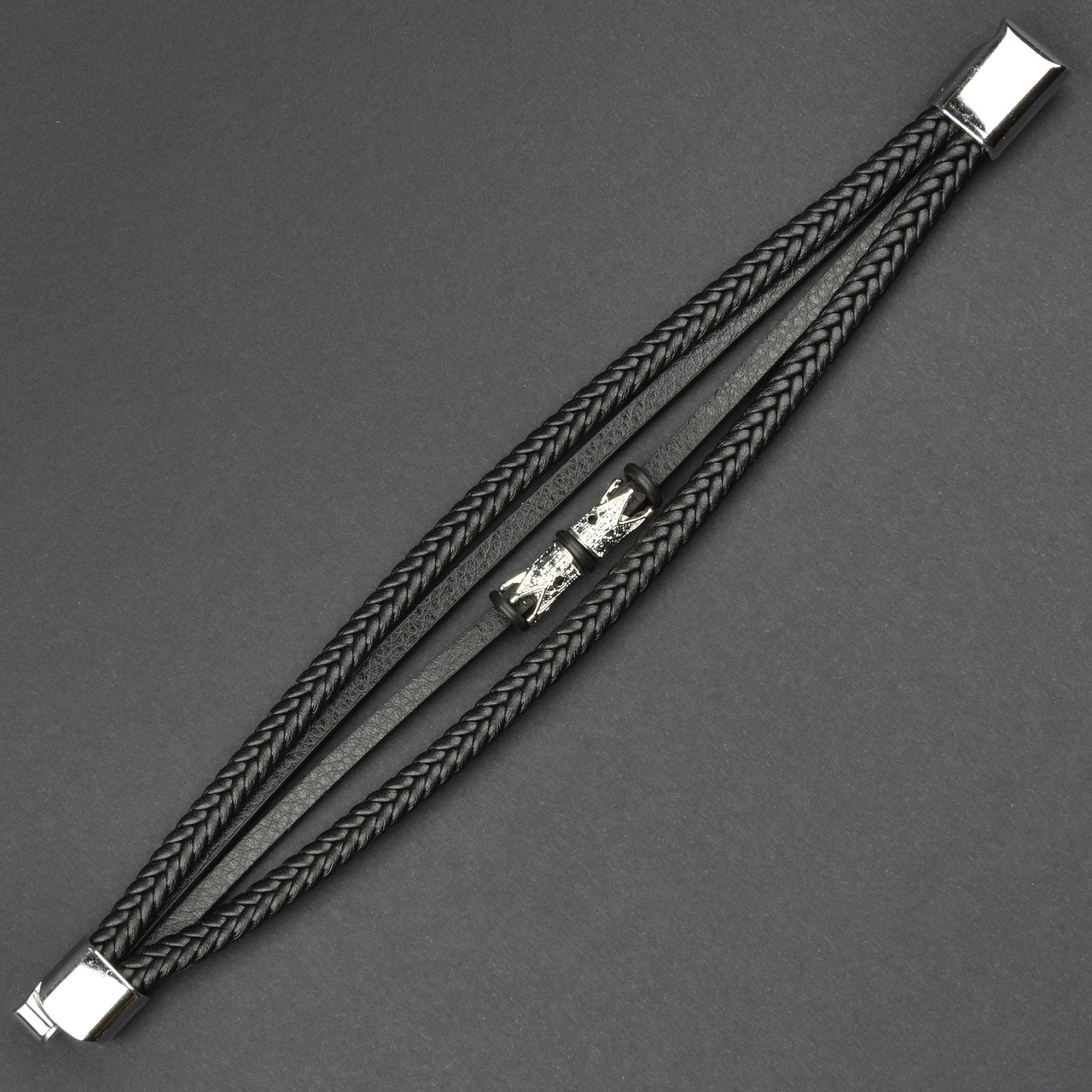 Чоловічий браслет чорний екошкіра плетений з елементами корони Stainless Steel довжина 21 см ширина 20 мм