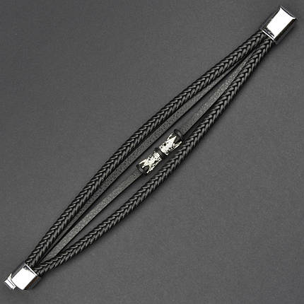 Чоловічий браслет чорний екошкіра плетений з елементами корони Stainless Steel довжина 21 см ширина 20 мм, фото 1