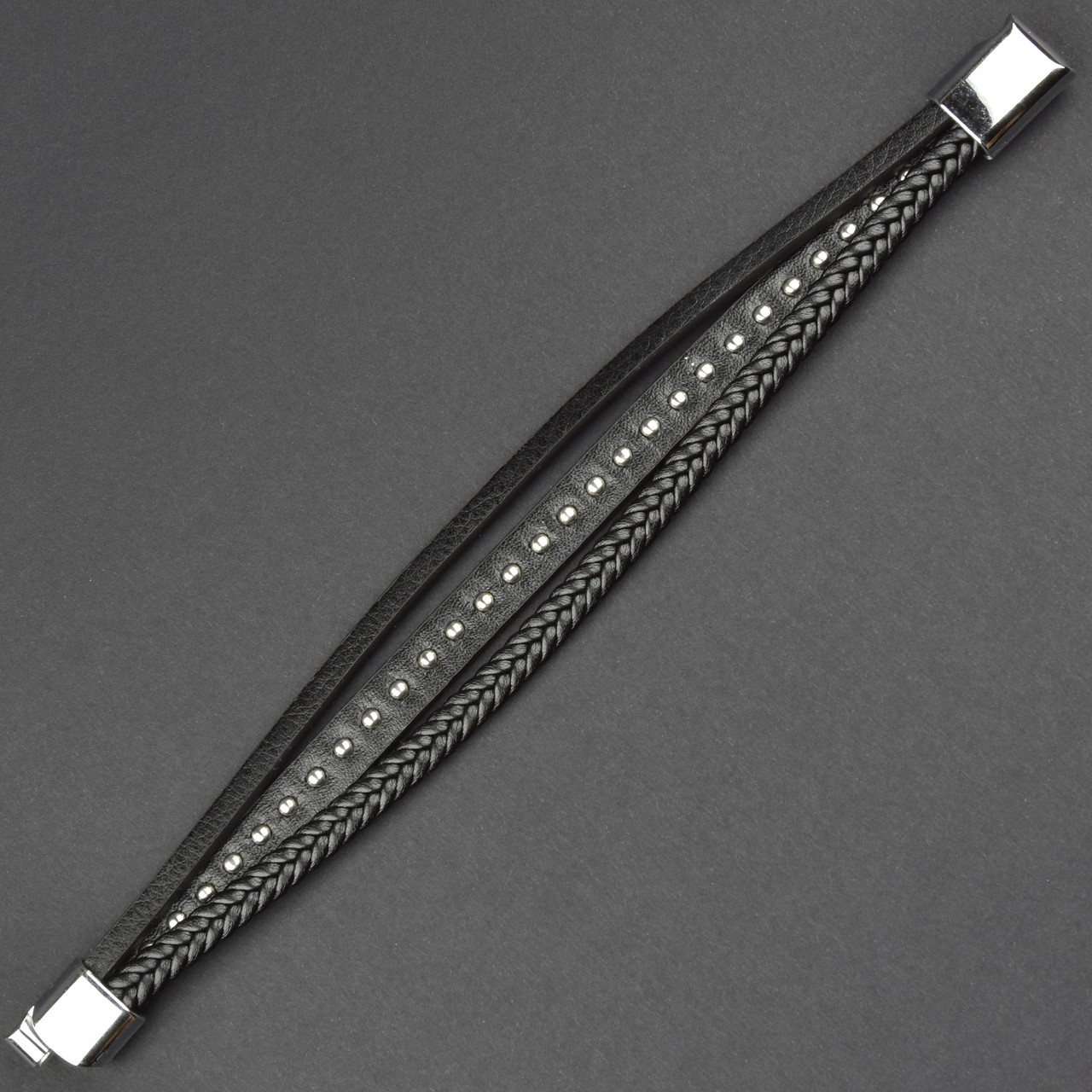 Чоловічий браслет чорний екошкіра косиця зі сріблястими елементами Stainless Steel довжина 21 см ширина 15 мм