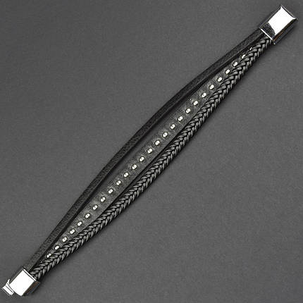 Чоловічий браслет чорний екошкіра косиця зі сріблястими елементами Stainless Steel довжина 21 см ширина 15 мм, фото 1
