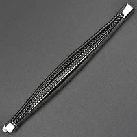 Мужской браслет черный эко кожа плетённый с белой нитью Stainless Steel длина 21 см ширина 20 мм