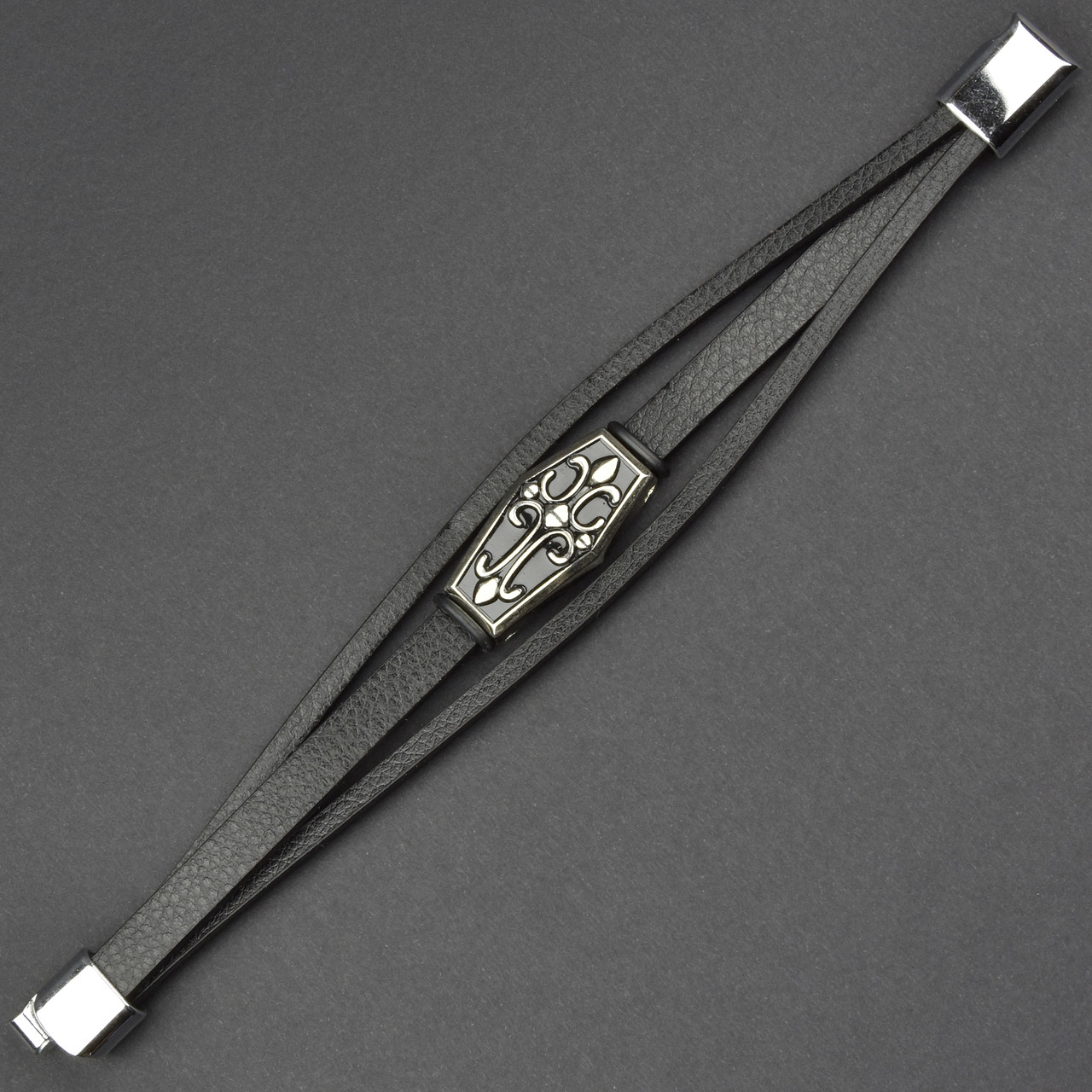 Чоловічий браслет чорний екорежим зі сріблястим елементом Stainless Steel довжина 21 см ширина 20 мм