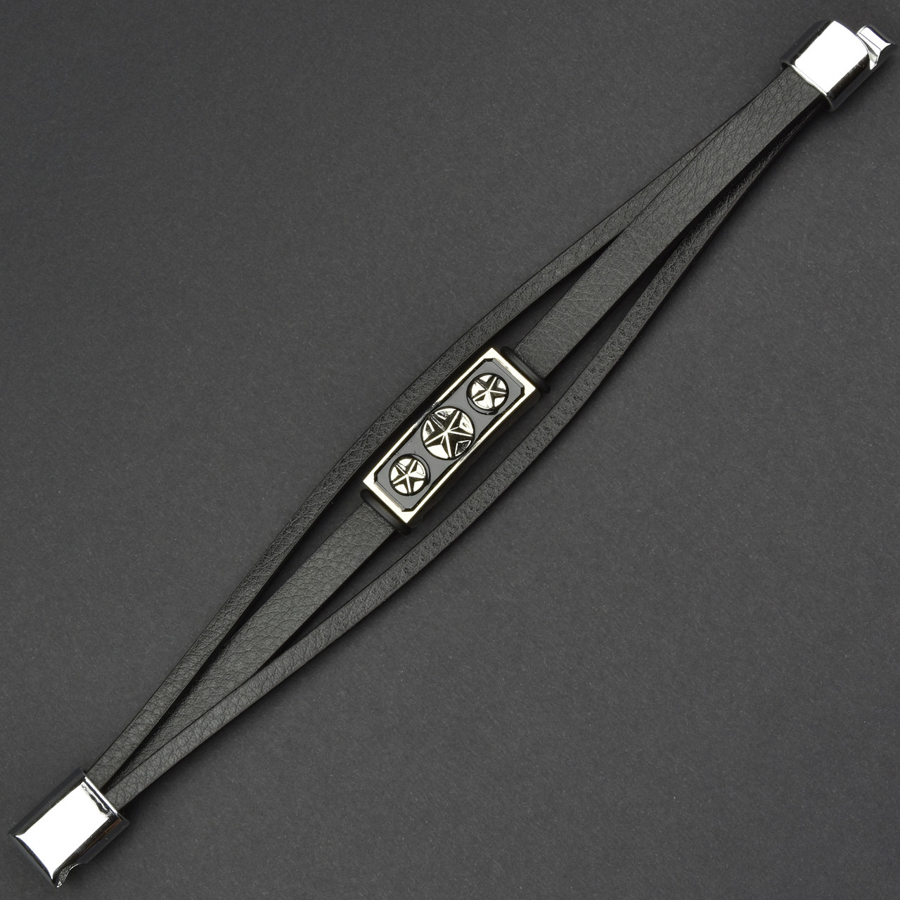 Чоловічий браслет чорний екорежим зі сріблястим елементом зірки Stainless Steel довжина 21 см ширина 20 мм