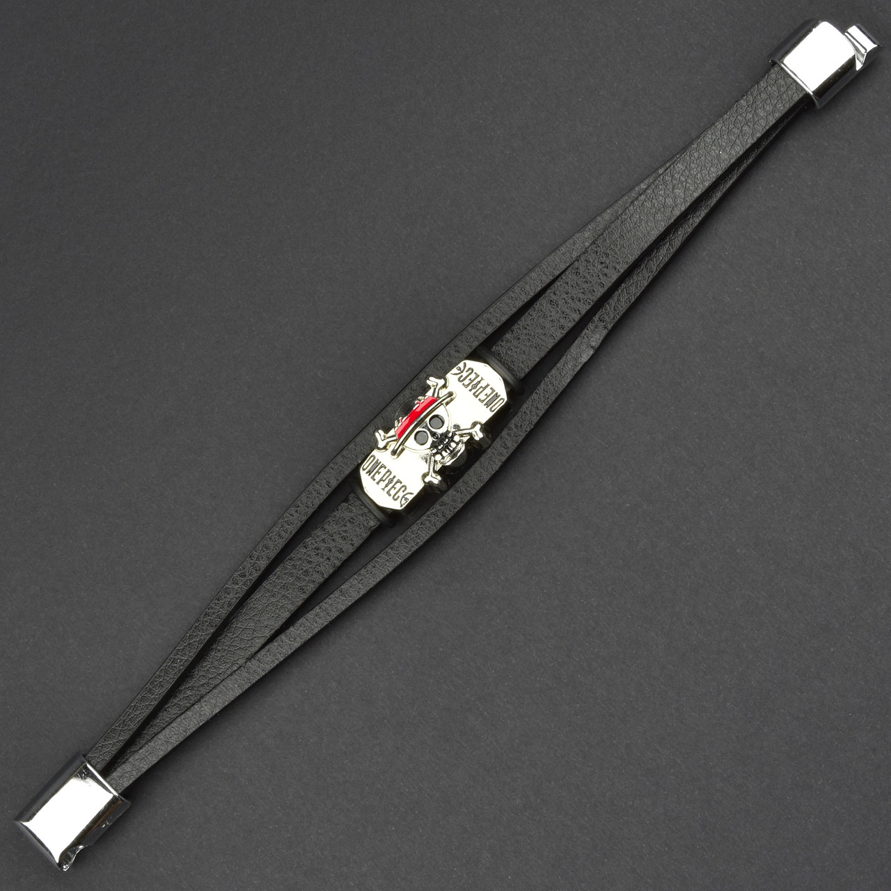 Чоловічий браслет чорний екошкіра зі сріблястим елементом череп Stainless Steel довжина 21 см ширина 20 мм