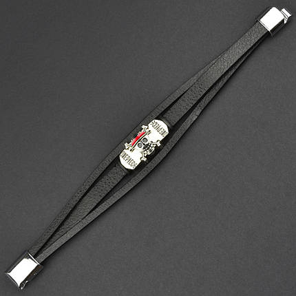 Чоловічий браслет чорний екошкіра зі сріблястим елементом череп Stainless Steel довжина 21 см ширина 20 мм, фото 1