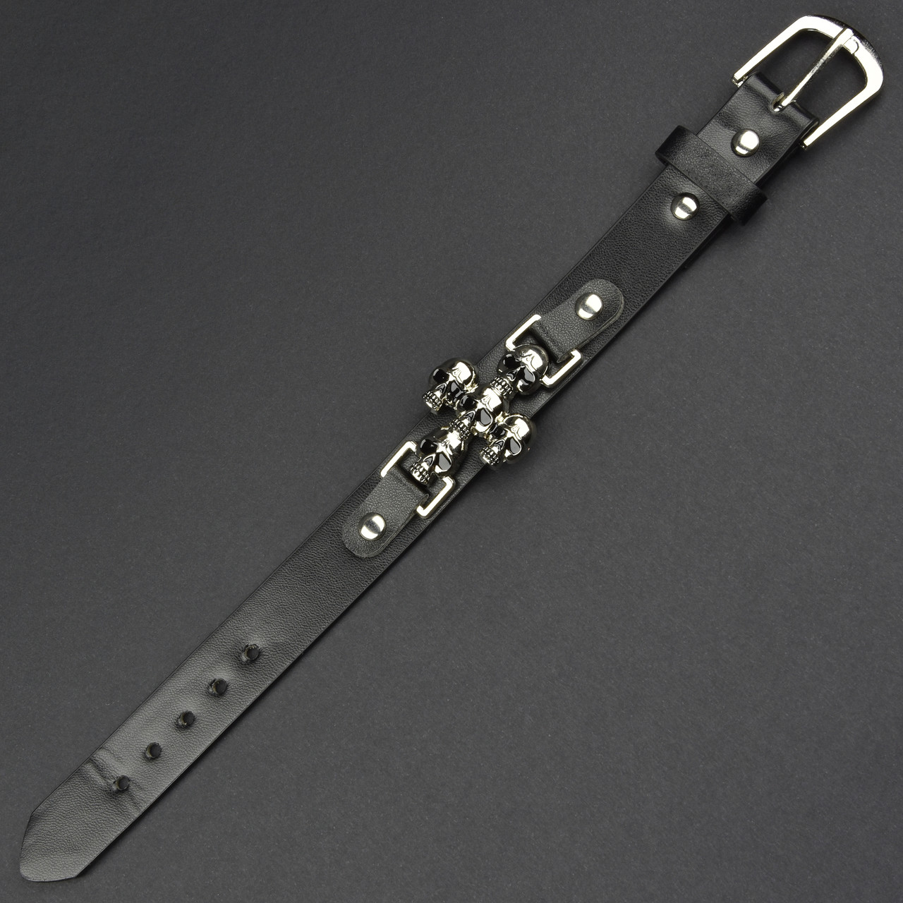 Мужской браслет черный эко кожа с черепами застёжка ремешок Stainless Steel длина 25 см ширина 15 мм