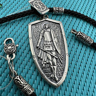 Срібний оберіг Архангел Михаїл на щиті та шовковий шнурок зі вставками зі срібла комплект
