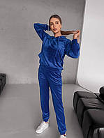 Красивый и удобный женский спортивный синий велюровый костюм с капюшоном и карманом кенгуру: Штаны и Худи
