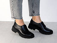 Кожаные черные туфли женские стильные на шнуровке 39р