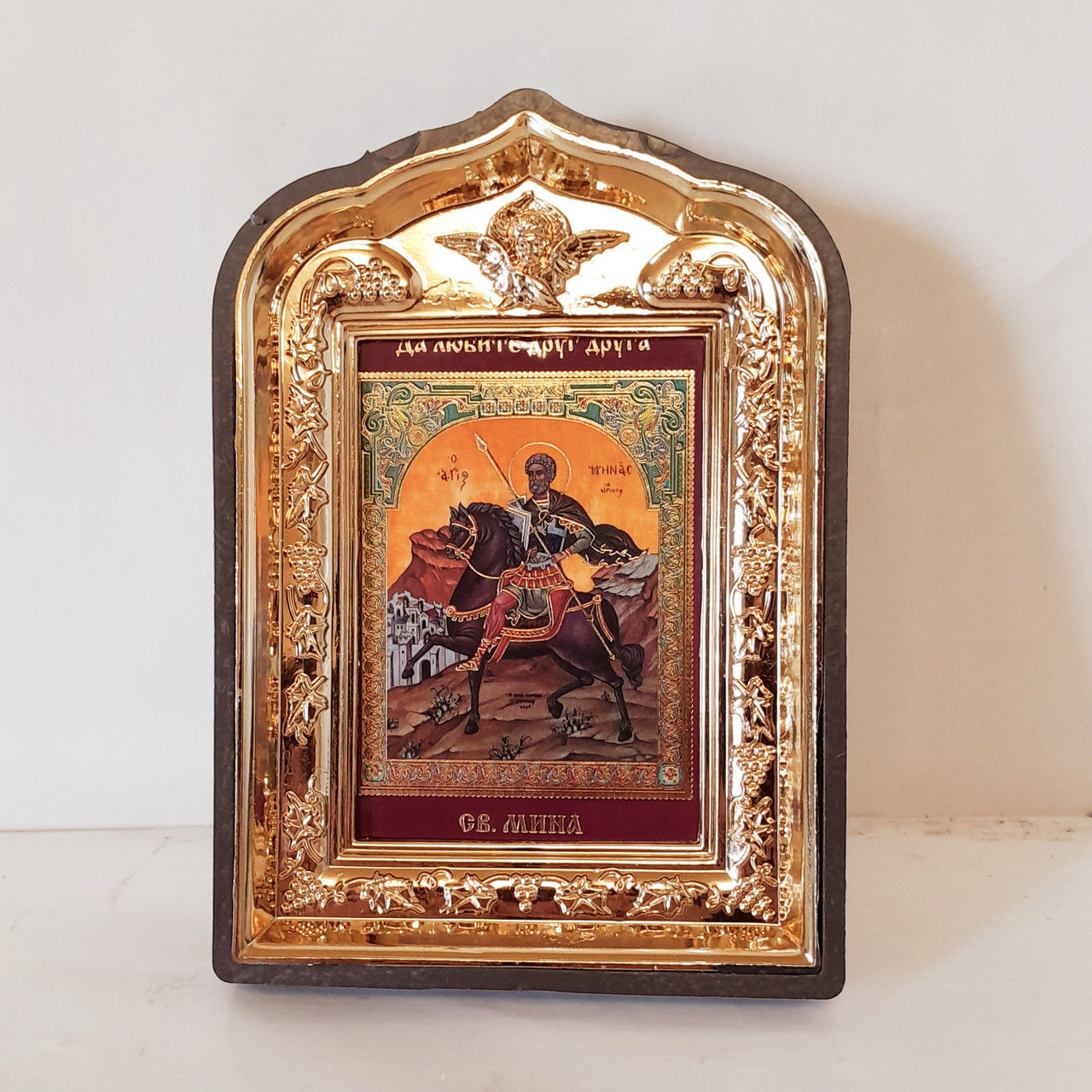 Ікона Міна святий мученик, лик 6х9, у пластиковій чорній рамці