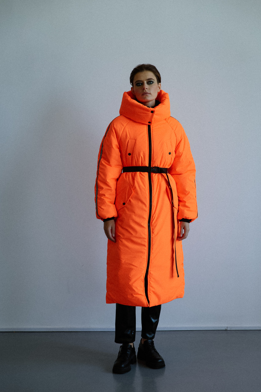 Пуховик жіночий довгий з капюшоном замок мапа України XS помаранчевий, фото 1