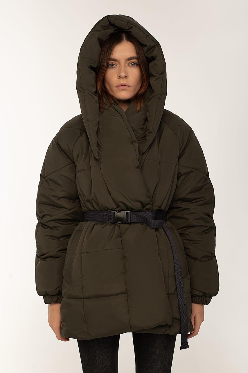 Куртка жіноча двостороння пуховик з капюшоном кімоно пояс 44-50 хакі, фото 1