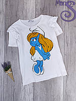 Женская белая футболка Zara с авторским рисунком Смурфики Размер M