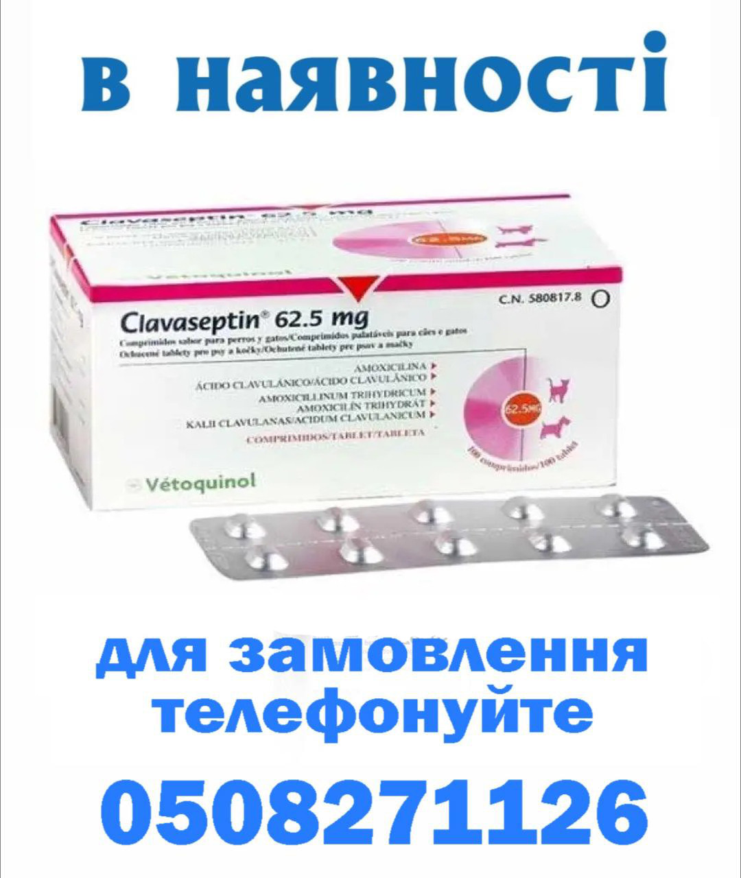 Клавасептин (Clavaseptin) 62,5мг Vetoquinol для котів і собак — аналог Силокс