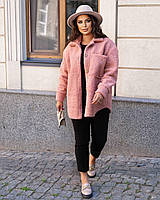 Розовая женская теплая рубашка из барашка батал с 48 по 62 размер