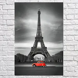 Плакат "Ейфелева Вежа та червоний автомобіль, Париж, Paris, France", 60×43см