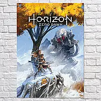 Картина на холсте "Элой с луком и огромный робот, Horizon Zero Dawn", 60×43см