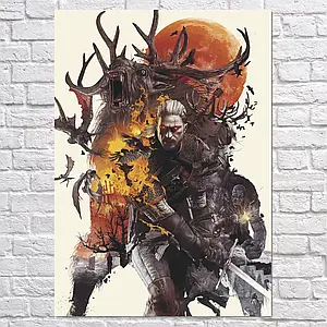 Плакат "Відьмак Геральт та Лісовик, колаж, Witcher", 60×43см