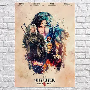 Плакат "Відьмак, Дикий Гін, стилізація під акварель, Witcher", 60×43см