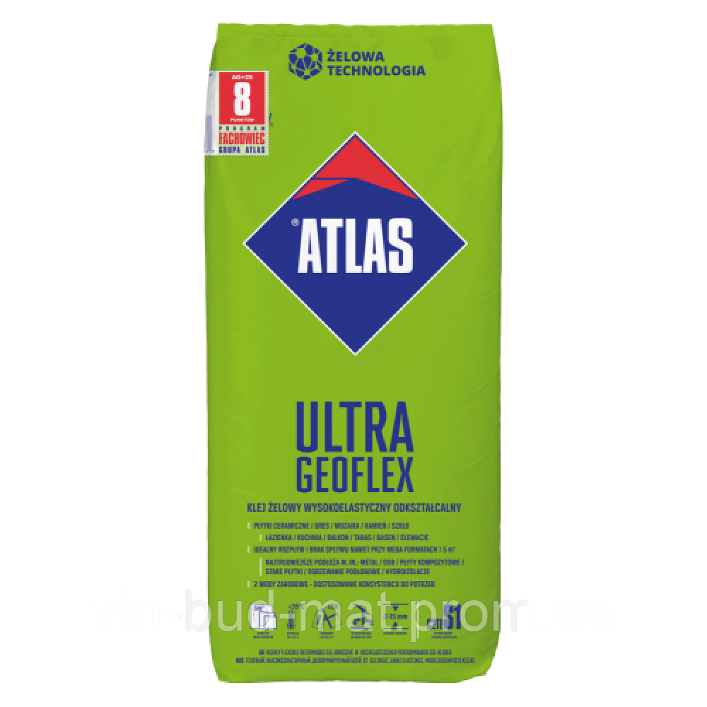 Клей для плитки гелевий ATLAS ULTRA GEOFLEX (Деформуючий) (Клас S1 для плит 90*90/120*20) 25 кг(48) - фото 1 - id-p1946404971