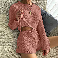 Жіноча піжама комплект кофточка шорти женская пижама (2-6) пудра
