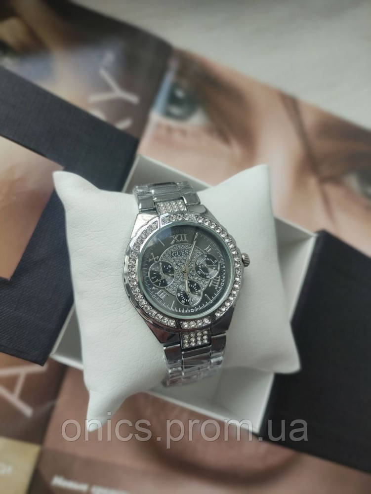 Женские наручные часы Guess silver&black&стразы хорошее качество - фото 2 - id-p1946460311