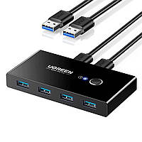 KVM-Перемикач Ugreen USB 3.0 4-портовий з 2 кабелями 5 Гбіт/с Світч для різних Периферійних Пристроїв Чорний, Чорний