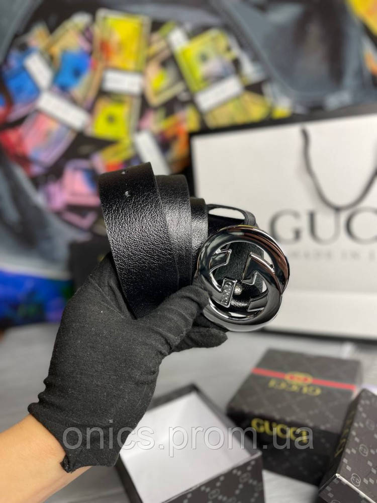 Мужской Ремень Gucci черный с черной пряжкой mb004 хорошее качество - фото 1 - id-p1946499252