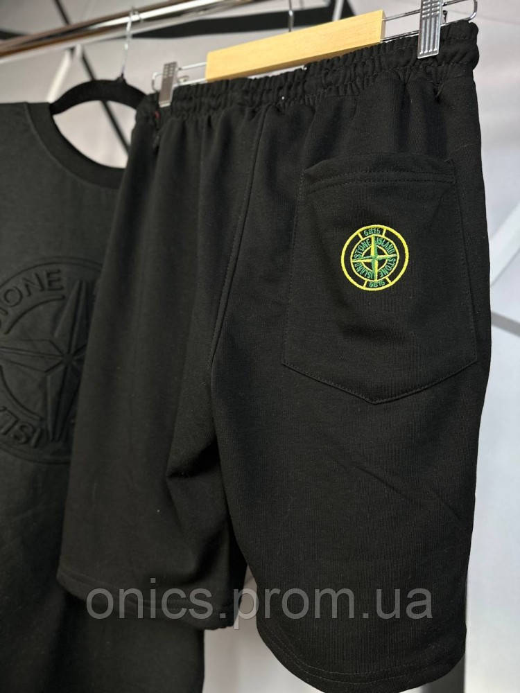 Комлект Stone Island, футболка черная, с лого и патчем, и белые шорты с патчем mk018 хорошее качество - фото 4 - id-p1946513094