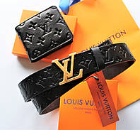 Мужской подарочный набор - ремень и кошелек с тиснением Louis Vuitton black хорошее качество