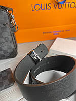 Мужской Ремень Louis Vuitton черный с серебристой пряжкой mb001 хорошее качество
