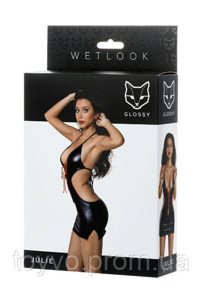 Футболка Glossy з матеріалу Wetlook з червоною шнурівкою, чорний