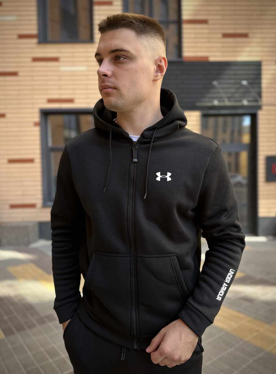 Зимова кофта з начосом на змійці Under Armour чорна / тепла чоловіча кофта Андер Армор