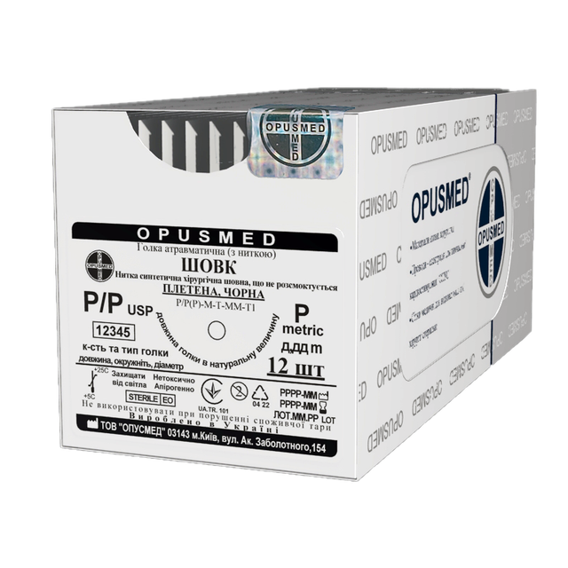 Шовк плетінь з покриттям чорний USP (EP): 4/0(1,5), 0,75 м Колюча голка 19мм 3/8, OPUSMED®, фото 1