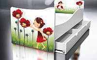 Кровать для девочки Красные маки Дрема с бортиками, детская мебель: комод, шкаф, полка, шкаф купе, стол