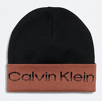 Шапка-бини зимняя Calvin Klein Performance черная c коричневым отворотом брендовая оригинальная из акрила