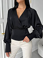 Красивая женская сатиновая рубашка Босфор с открытой спиной и рукавами фонарик Rdi1014