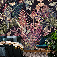 Флизелиновые фотообои в стиле джунгли 416x254 см Природа Тропические растения Бабочки и птицы (14115VEXXXL)